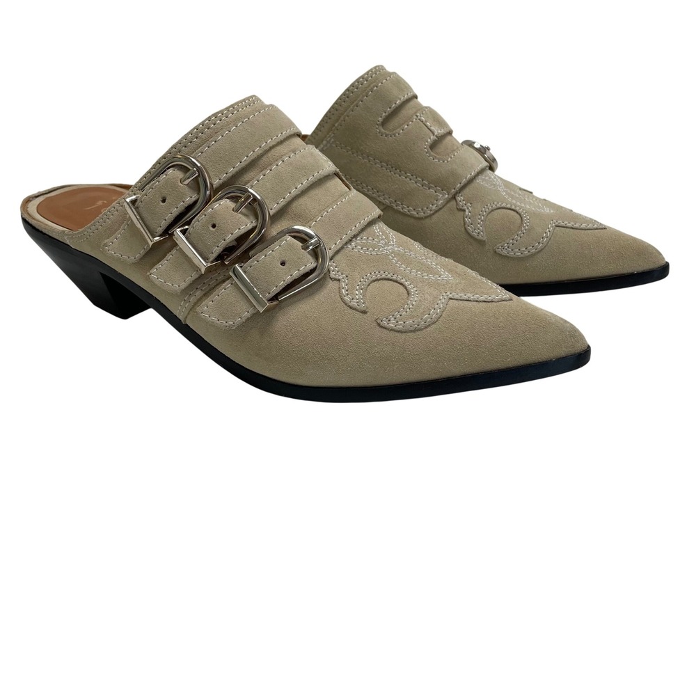Joie Cabery Tan Suede Western Country Buckle Mules Pointed Toe Block Heel  7